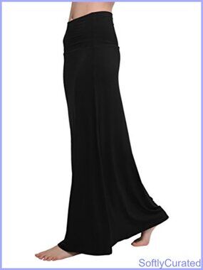 High Waist Fold-Over Flare Maxi Skirt Spandex Comfy Long Solid
